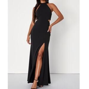LULUS SZ L Black Midnight Affair Cutout Halter Neck Mermaid Maxi Dress NEW b29